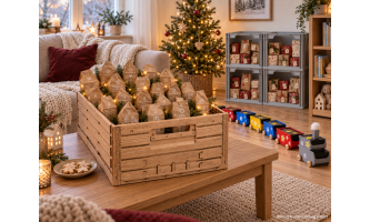Wohnzimmer mit drei verschiedenen Adventskalendern aus Kunststoffboxen
