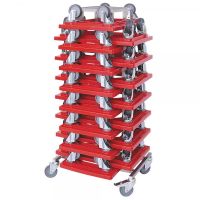 Rollerständer mit 15 offene roten Standard Transportrollern mit 4 Gummilenkrollen