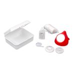 M Mund-Nasen-Maske - rot - mit weißer Box mit festem Klickdeckel u. Desinfektionsmittel und Pads