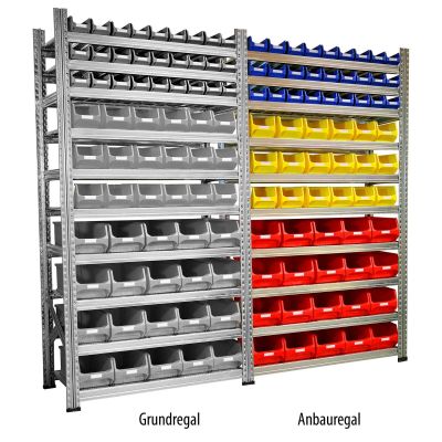 Kombination aus Grundregal mit grauen Sichtlagerboxen und einem Anbauregal mit farbigen Sichtlagerboxen 4.0 / 3.0 / 2.0