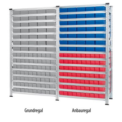Kombination aus Grundregal mit grauen Industrieboxen und einem Anbauregal mit farbigen Industrieboxen 300 S/B