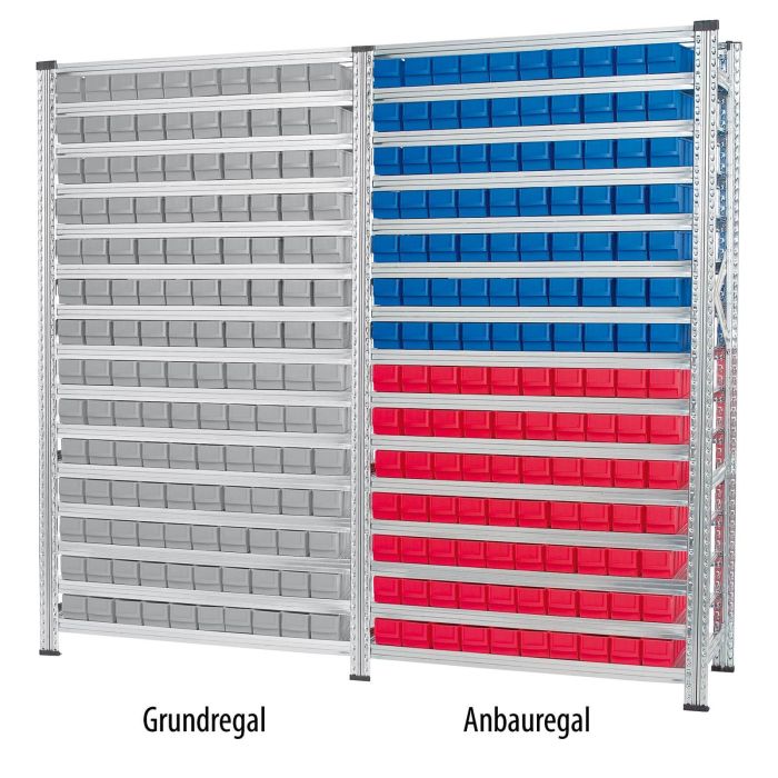 Kombination aus Grundregal mit grauen Industrieboxen und einem Anbauregal mit farbigen Industrieboxen 300 S