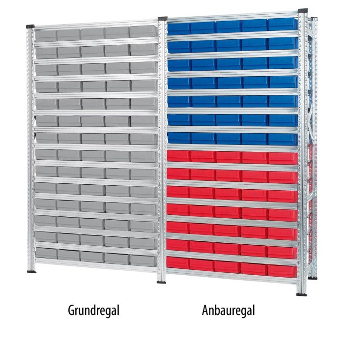 Kombination aus Grundregal mit grauen Industrieboxen und einem Anbauregal mit Industrieboxen 400 B in Blau und Rot