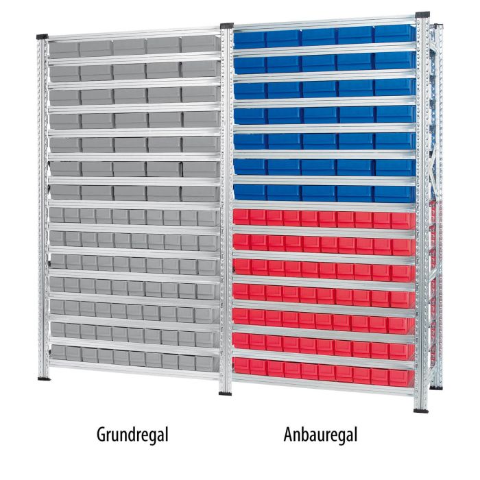 Kombination aus Grundregal mit grauen Industrieboxen und einem Anbauregal mit Industrieboxen 500 S/B in Blau und Rot