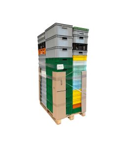 Palette mit 38 Boxen 600x400, 23 Boxen 400x300 , 3 Klappboxen in div. H&ouml;hen in div. Farben - Neuware - leicht verschmutzt
