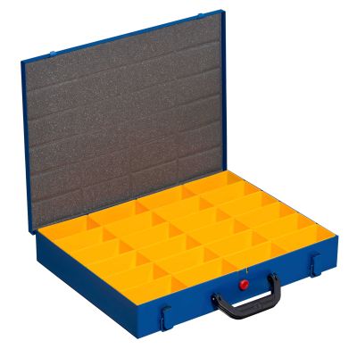 Geöffneter, blauer Kleinteilekoffer EuroPlus Pro >M< 44H-24 mit 24 herausnehmbaren, orangefarbenen Einsatzboxen