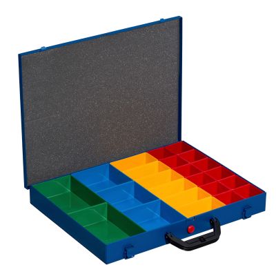 Geöffneter, blauer Profi-Kleinteilekoffer EuroPlus Pro >M< 44 L mit 23 bunten Einsätze