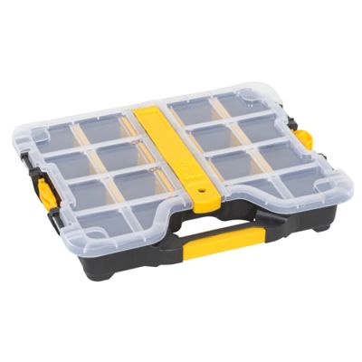 Profi-Sortimentskasten mit fester Facheinteilung und flexiblen Trennstegen in grau/gelb