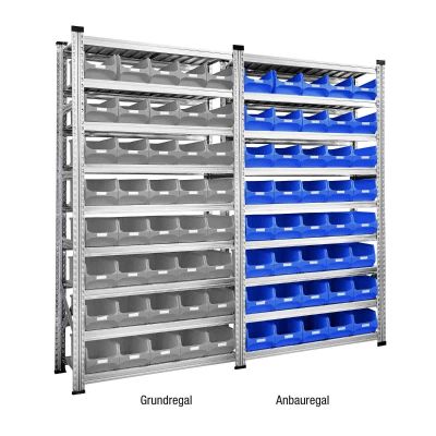Kombination aus Grundregal mit grauen Sichtlagerboxen und einem Anbauregal mit blauen Sichtlagerboxen 4.0 & 4.1