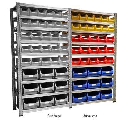 Kombination aus Grundregal und Anbauregal, Tiefe 50 cm, mit Sichtlagerboxen 5.0, 4.0 und 3.0 in div. Farben