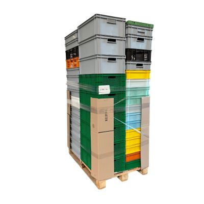Palette mit 38 Boxen 600x400, 23 Boxen 400x300 , 3 Klappboxen in div. Höhen in div. Farben - Neuware - leicht verschmutzt