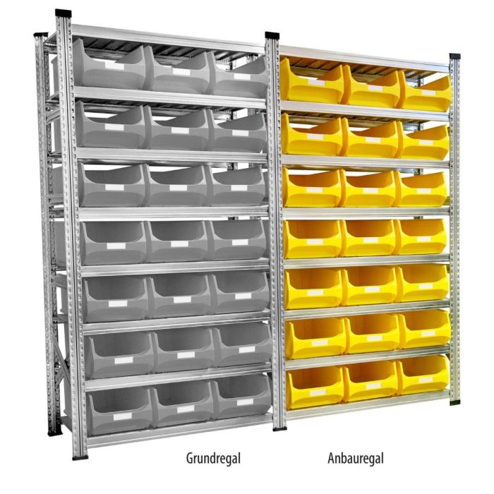 Kombination aus Grundregal und Anbauregal mit 8 Fachböden und grauen und gelben Sichtlagerboxen 5.0