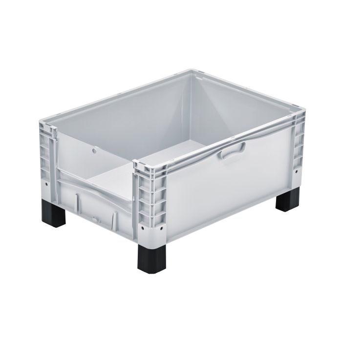 Formstabiler, hellgrauer Euro-Norm Großbehälter mit schwarzen Füßen und einsehbarem Frontteil