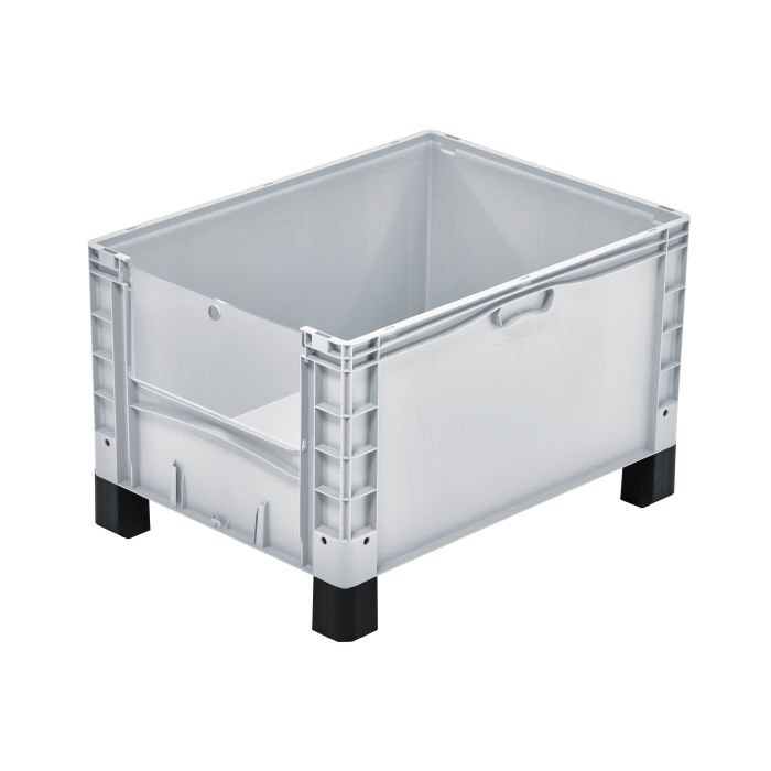 Formstabiler, hellgrauer Euro-Norm Großbehälter mit schwarzen Füßen und Entnahmeöffnung