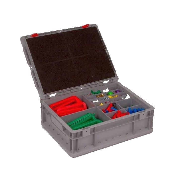 Geöffnete graue Eurobox NextGen mit Scharnierdeckel mit Schaumstoffeinlage und diversem Inhalt