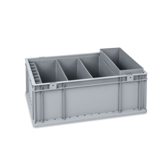 Graue Eurobox NextGen in den Maßen 600x400x220 mit vier Box M Einsatzkästen