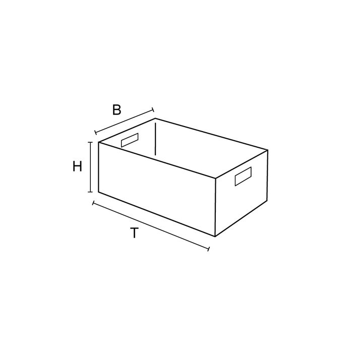 Skizze eines transparenten Behälters basicline mit Angaben zu Höhe, Tiefe und Breite