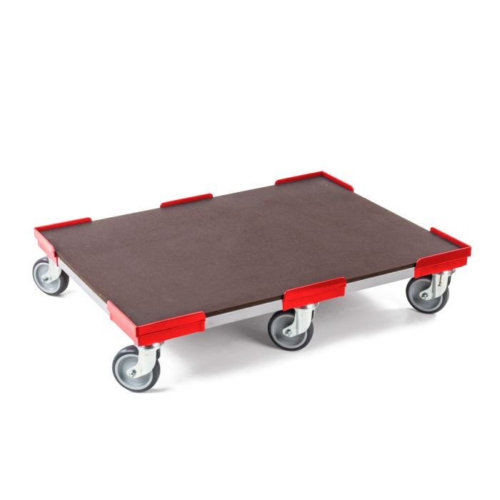 Roter Transportroller VARIABLE mit sechs leise laufenden Gummirollen und Einlegeboden