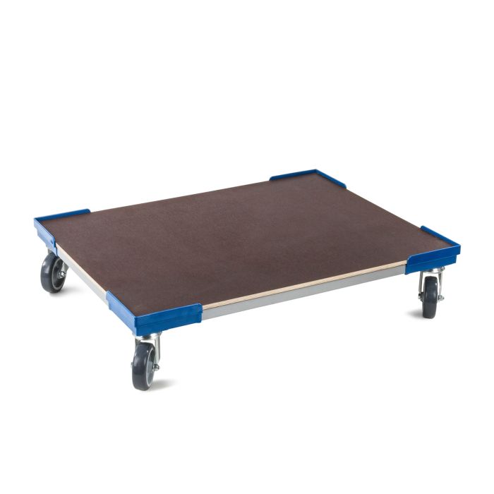 Blauer Transportrollwagen VARIABLE mit vier leise laufenden Gummirollen und Einlageboden