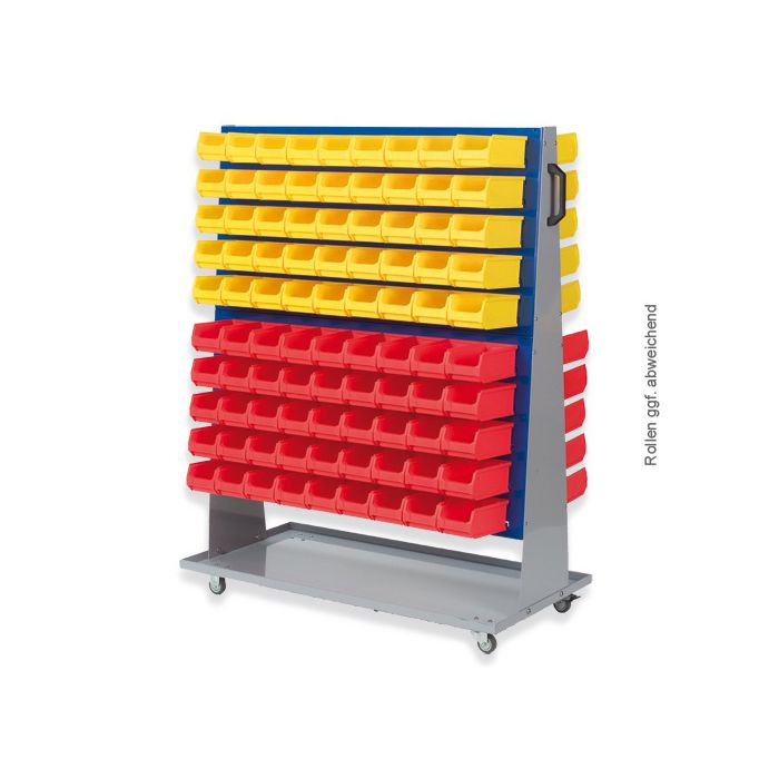 Grauer Systemwagen des Typ 2 mit je vier Reihen gelben und roten Sichtlagerboxen 2.0