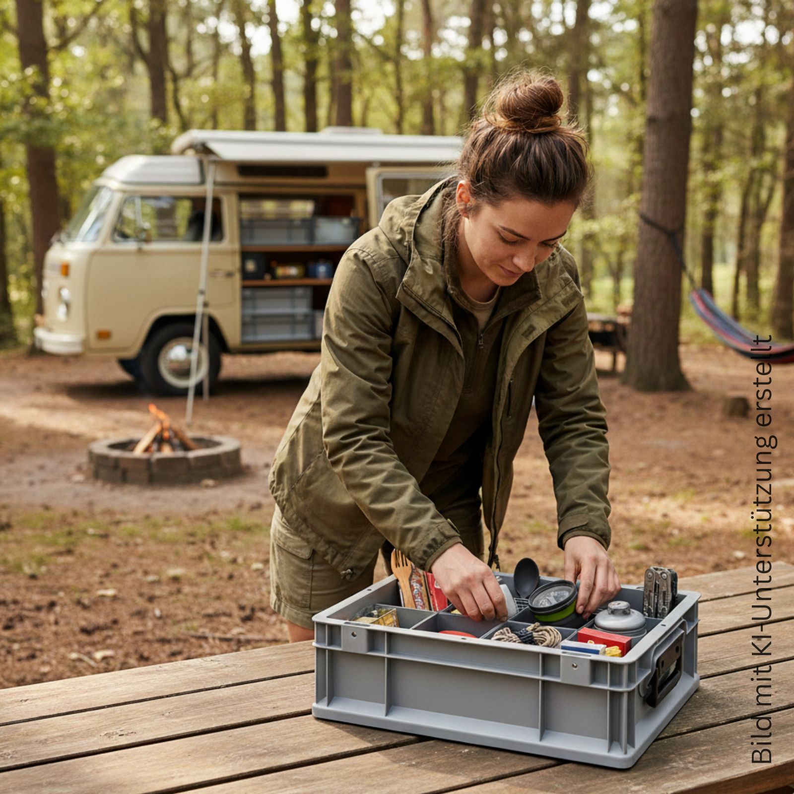 Frau entnimmt etwas aus einer Eurobox mit Einsatzkästen beim Camping