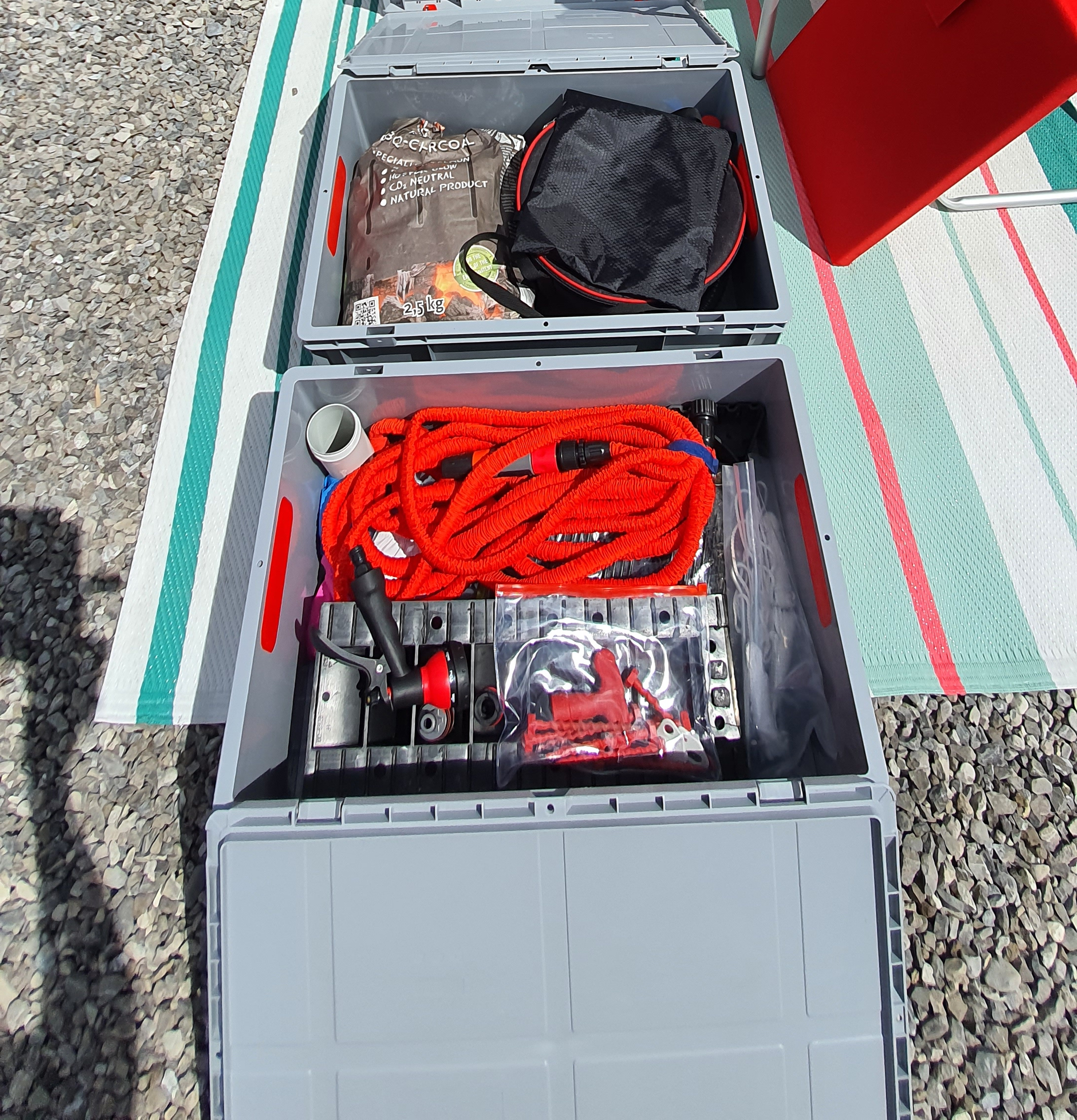Euroboxemn befüllt mit Campingausrüstung.
