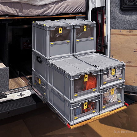 Euroboxen NextGen Insight Cover auf einem Auszug am Heck eines Campers