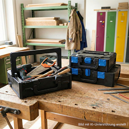 metaBOX Werkzeugekoffer und toolBOX auf einer Werkbank