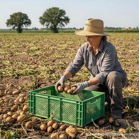 Frau erntet Kartoffeln auf einem Feld und legt sie in eine Gemüsebox