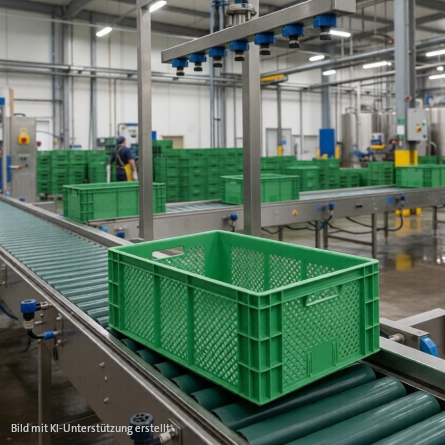 Obst- und Gemüsekiste auf einem Rollband in der Industrie