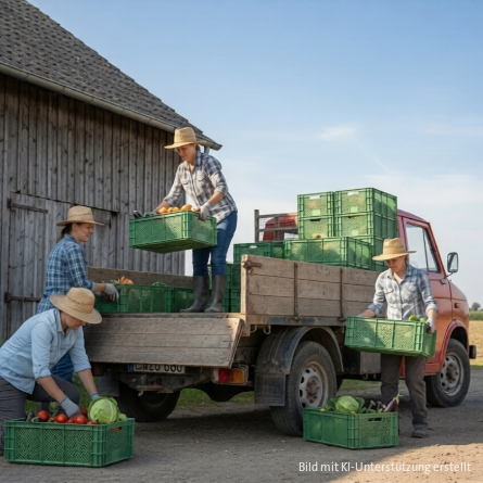 Befüllte Obst- und Gemüsekisten werden von einem Transporter entladen