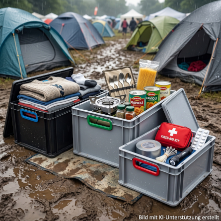 Verschiedene Eutoboxen befüllt mit unterschiedlichen Festival-Utensilien
