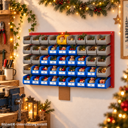 Vollständig mit Sichtlagerboxen bestückte rote Systemwand in einer Werkstatt, bei der nummerierte blaue Boxen und eine gelbe Box die Form eines Weihnachtsbaums inmitten grauer Boxen bilden. In den nummerierten Fächern liegen kleine Präsente und weihnachtliche Dekoration.