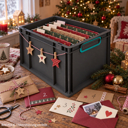 Eurobox NextGen 2.0 Cycle mit gemusterten Hängemappen als Adventskalender, umgeben von nummerierten Briefumschlägen und kleinen Päckchen