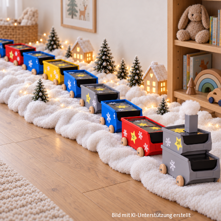 Sichtlagerboxen auf Holzrädern als Adventskalender gestaltet