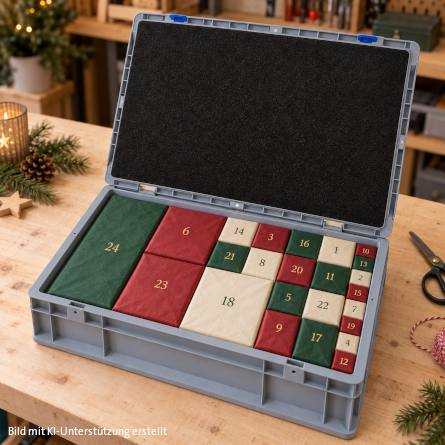 Aufgeklappter grauer Portable Eurokoffer NextGen 2.0 auf einer hölzernen Werkbank, eingerichtet als Punch-Adventskalender mit 24 Fächern